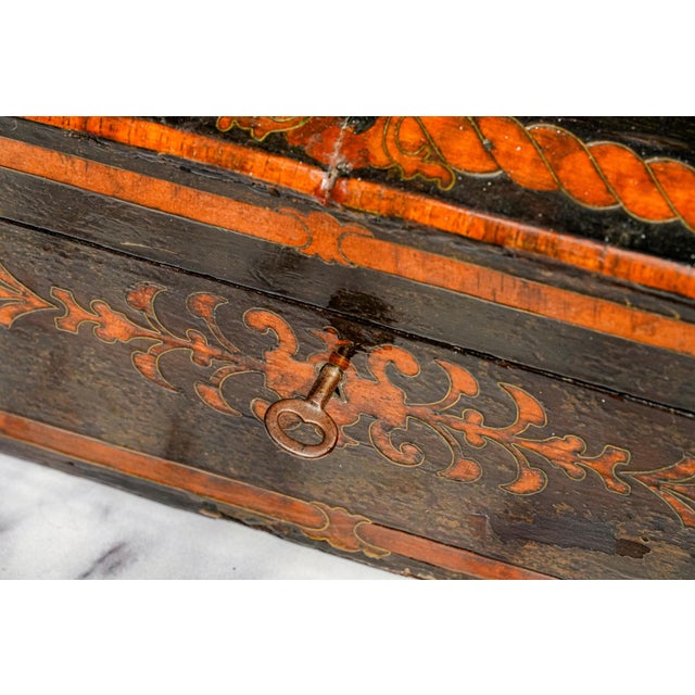 Paint Beautiful Antique Victorian Lacquered Music Box Case Decorative Inlaid Wooden Box W/ Key European Home Decor For Sale - Image 7 of 18
