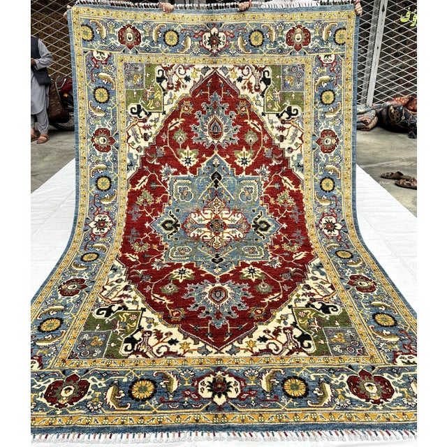 2000 - 2009 Red Heriz Hand-Knotted Wool Rug - 8'6" X 6'9" For Sale - Image 5 of 13