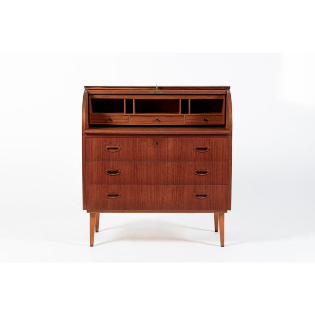 Mid-Century Modern Scandinavian Teak Wood Rolltop Secretary Desk by Egon Ostergaard, Made in Sweden For Sale - Image 3 of 17