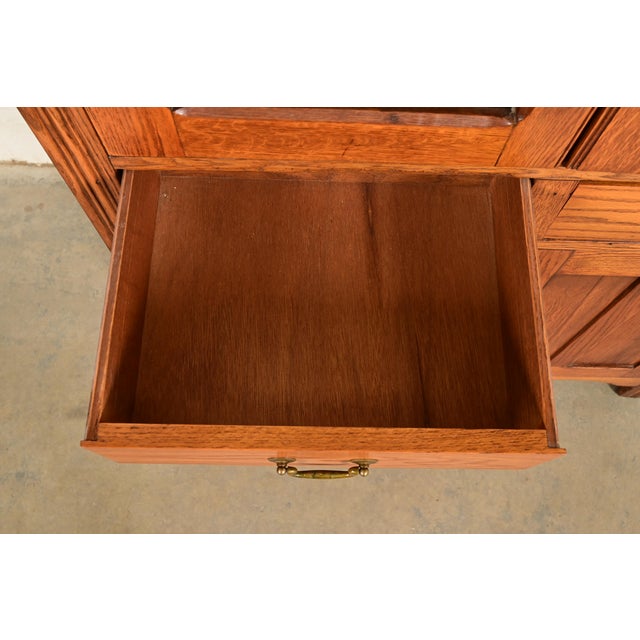 Wood Antique Victorian Carved Oak Glass Front Bookcase or Dining Cabinet, Circa 1900 For Sale - Image 7 of 17