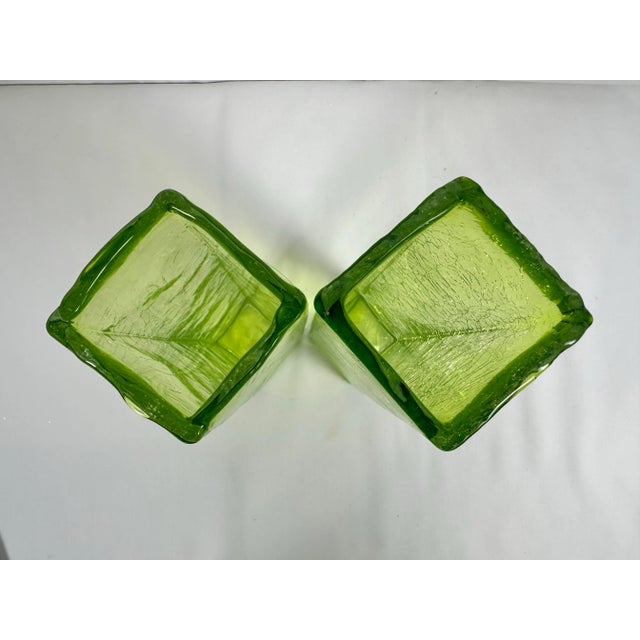 Glass Art Glass MCM Vibrant Green Vintage Crackle Finish Rectangular 10" Vases-Pair! For Sale - Image 7 of 10