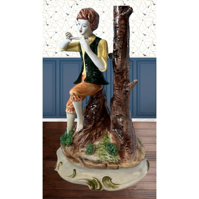 Figurative Mid-Century Capodimonte Porcelain Figural Table Lamp: Boy Playing a Flute For Sale - Image 3 of 12