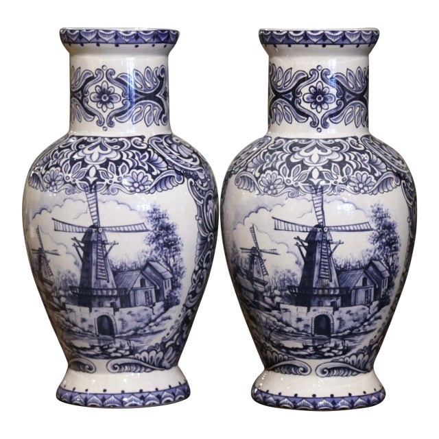 Pair of Early 20th Century Dutch Blue and White Hand Painted Faience Delft Vases For Sale