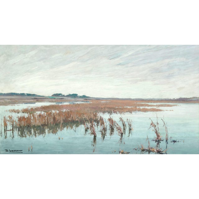ThéodoreLemonnier 1815-1886 French oil painting on panel 'River Marshes' landscape. It is a late 19th-Century, large work...