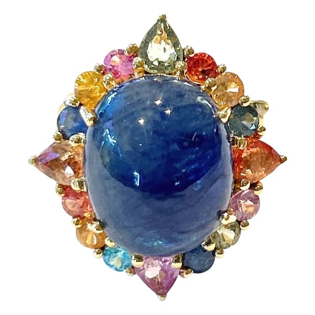 Bochic “Capri” Vintage Blue Sapphire & Multi Sapphire Ring Set In 18K Gold & Sil For Sale