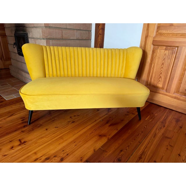Restored yellow club sofa, 1950s. 1950s cocktail sofa. Very well constructed sofa, fully spring seat with a solid beech...