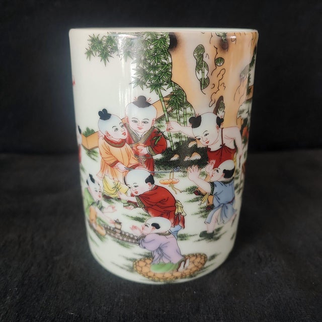 Chinese Ceramic Pot,Tongzhi Marked Famille Rose Porcelain Brush Pot Hand Painted Playing Children Pattern For Sale - Image 4 of 11