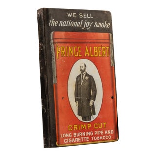 Circa 1920 r.j. Reynolds Prince Albert and Stud Double-Sided Tin Sign For Sale