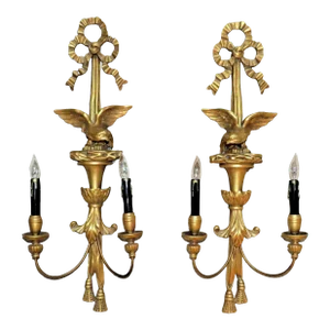 32" Pair of Eagle Wall Sconces Antique Italian Carved Gilt Wood