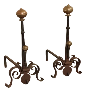 Antique Pair of Forged Iron and Brass Fireplace Andirons