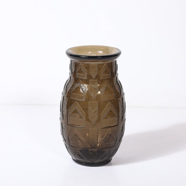 This elegant Art Deco signed Daum Acid-Etched Smoked Glass Vase w/ Geometric Motif originated in France, circa 1935. The...