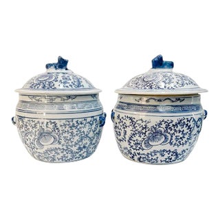 Vintage Blue & White Rice Jars With Foo Dog Lids - a Pair For Sale