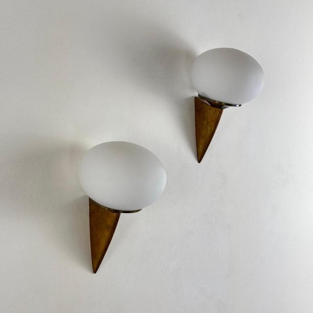 1960s Italian Lancia Wall Sconces in Brass and Opaline Glass attributed to Stilux Milano, 1960s, Set of 2 For Sale - Image 5 of 14