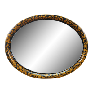 Vintage Black & Gold Oval Mirrored Wall Hanging Toleware Vanity Platter