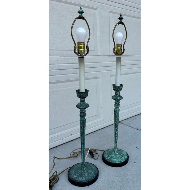 Pair of Vintage Frederick Cooper Verdigris Candlestick Buffet Table Lamps For Sale - Image 16 of 18