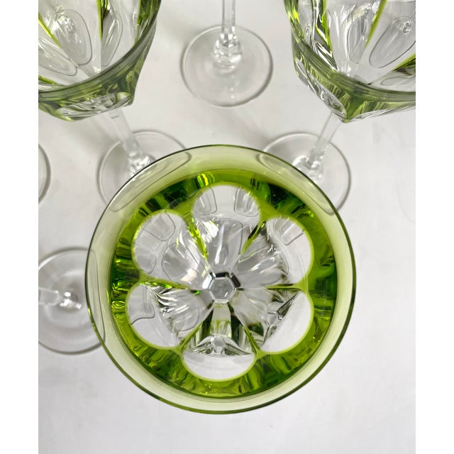 Moser Glassworks 1930s Moser Lady Hamilton Green Overlay Crystal Wine Glasses, Set of 7 For Sale - Image 4 of 10