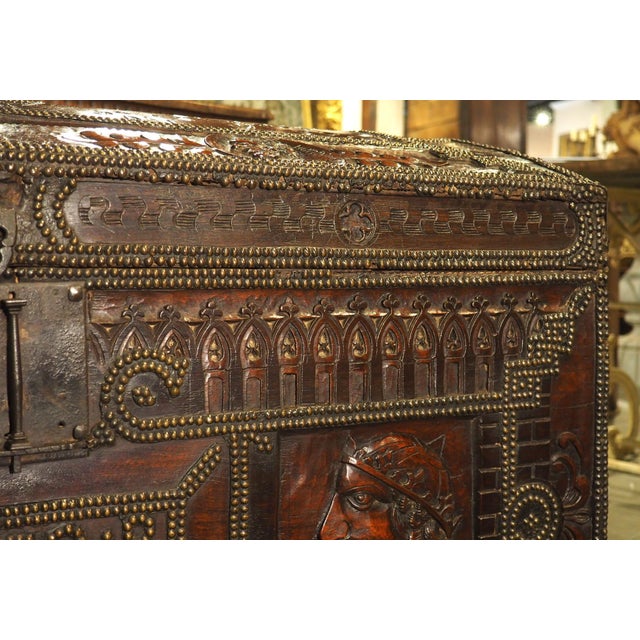 French A Fascinating 17th Century Carved and Iron Studded French Trunk, Dated 1632 For Sale - Image 3 of 18