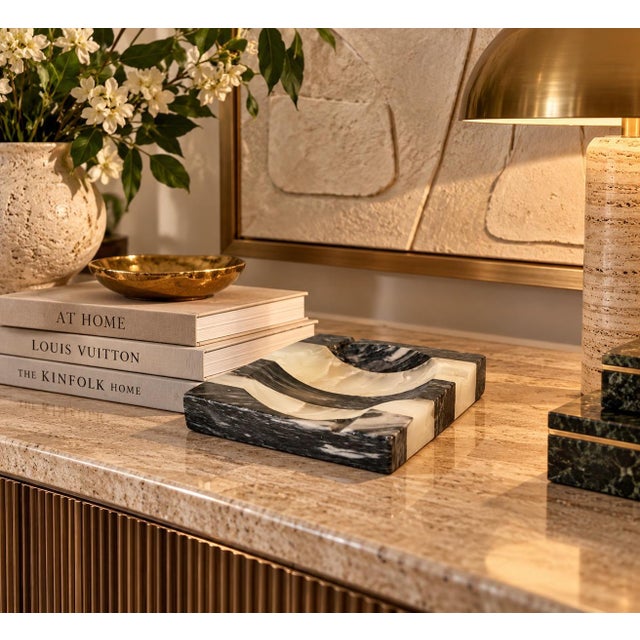 Striking vintage Postmodern ashtray crafted from contrasting black and creamy white marble arranged in a bold striped...