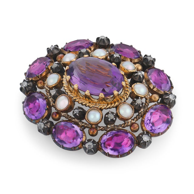 19th Century Victorian Amethyst Pearl Diamond 18k Yellow Gold Silver Brooch Pendant For Sale - Image 4 of 6