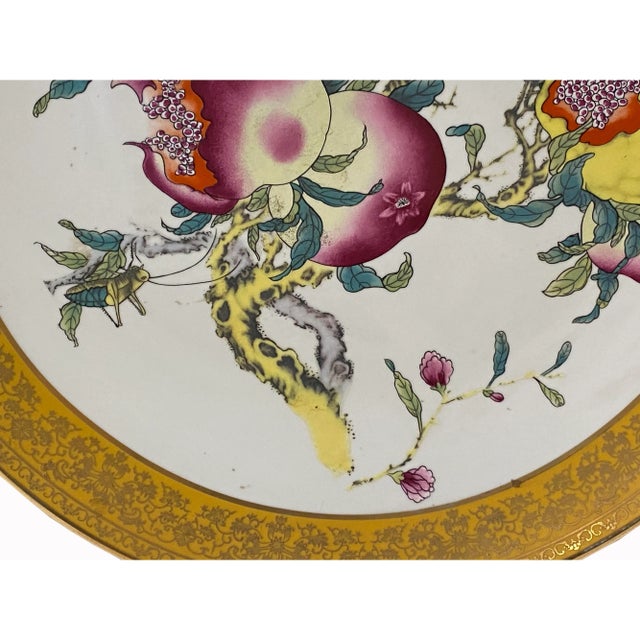 Chinese Pink Yellow Pomegranate Graphic Porcelain Display Charger Plate For Sale - Image 4 of 8