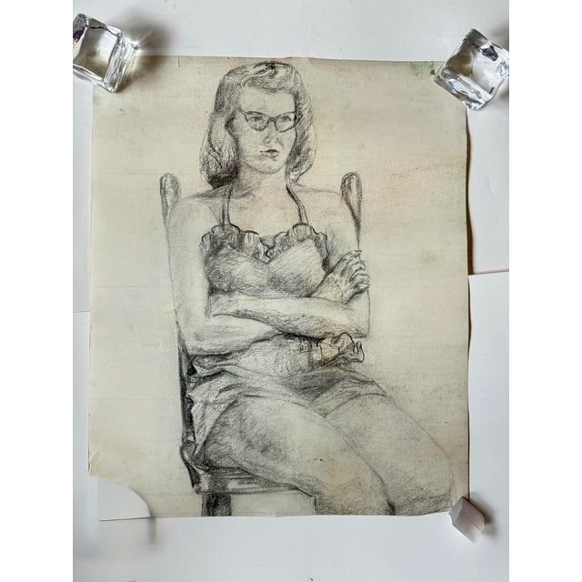 1940s 1945 Double Sided Figure Study Drawing Pencil on Paper 13.5x16.5 For Sale - Image 5 of 7