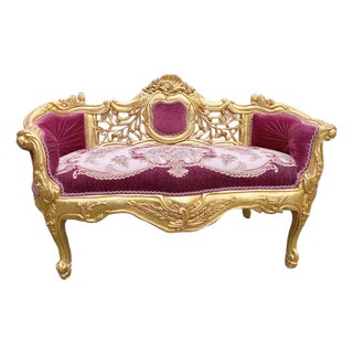 Late 20c French Louis XVI Red Velvet Gilt Beech Settee For Sale