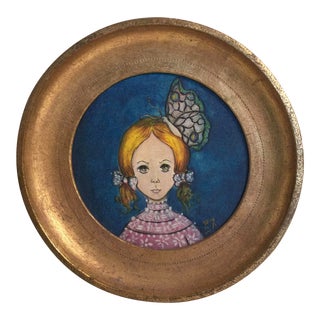 1960s Vintage Round Painting in Gilt Frame, Signed For Sale