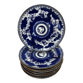 Antique Asian Design Porcelain Blue and White Plates- Set of 8 For Sale