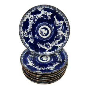 Antique Asian Design Porcelain Blue and White Plates- Set of 8