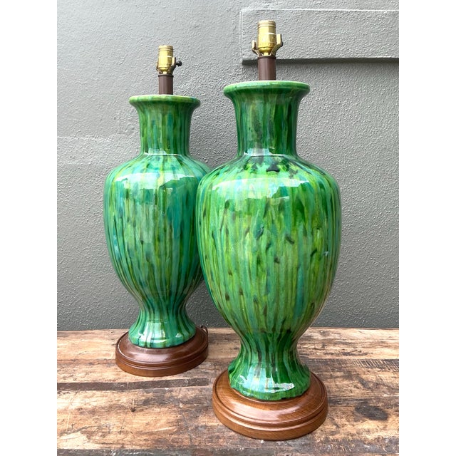 Forest Green Vintage Mid-Century Modern Drip Glaze Ceramic Lamps - A Pair For Sale - Image 8 of 12
