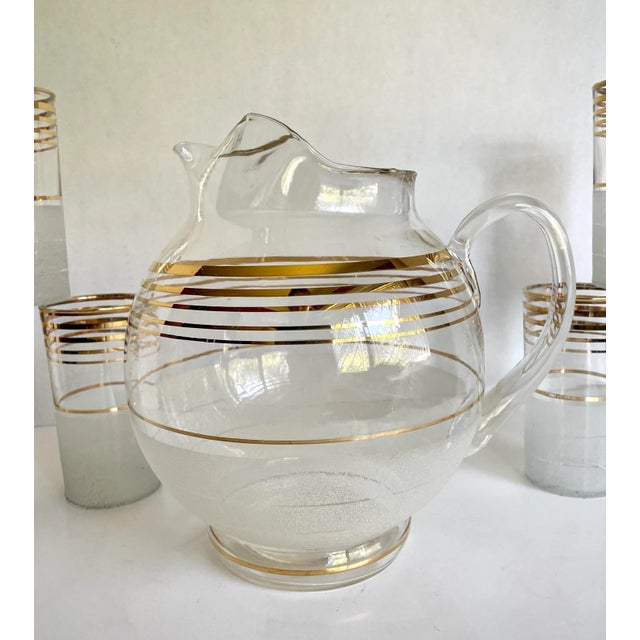 1940s 1940's Art Deco Gold Striped Tall Glasses and Pitcher Set For Sale - Image 5 of 9