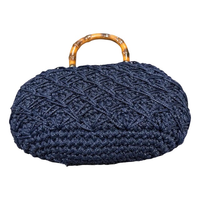 1970s Blue Woven Fabric Brass and Bamboo Italian Top Handle Bag For Sale