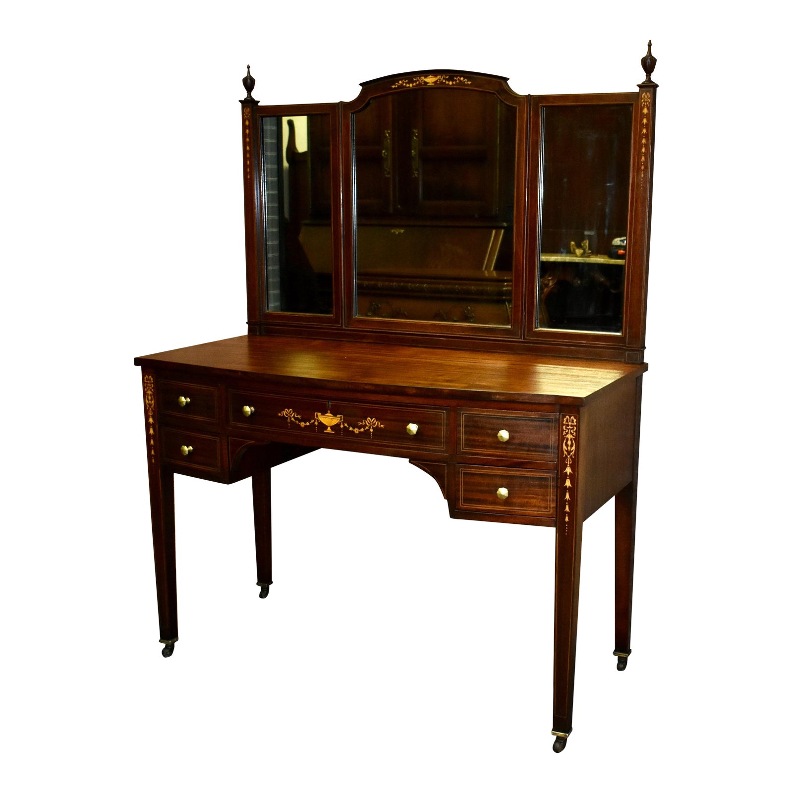 Vintage Inlaid Mahogany Edwardian Style Vanity & Tri Fold Mirror Chairish