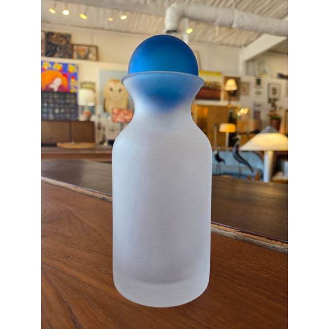 Glass Vintage Frosted Glass Decanter / Bottle With Cobalt Blue Ball Stopper For Sale - Image 7 of 14