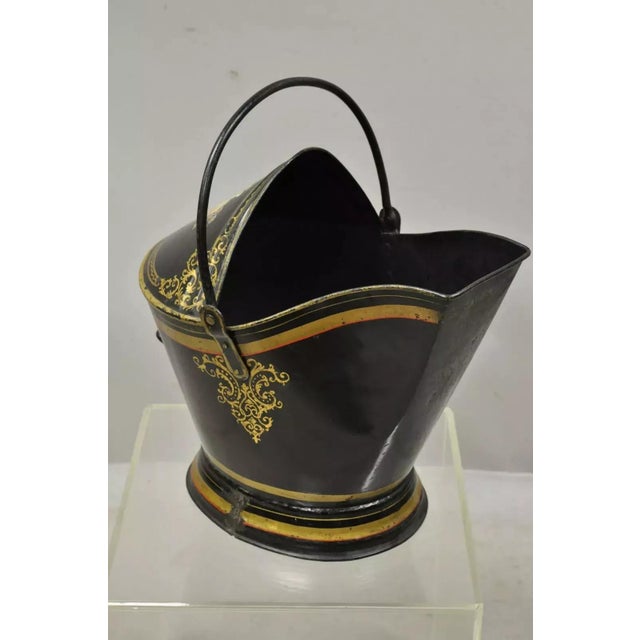 Antique Victorian Black Steel Hand Painted Flower Tole Metal Coal Scuttle Bucket For Sale In Philadelphia - Image 6 of 12