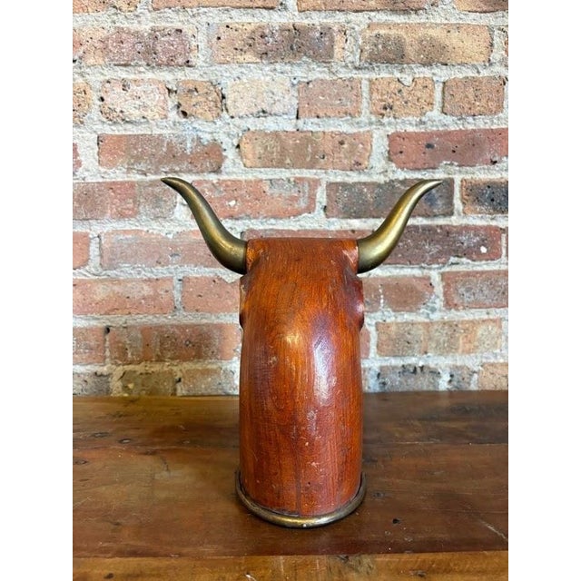 Mid 20th Century Modern Carved Wood Bull Bust Sculpture With Brass Horns For Sale - Image 9 of 13