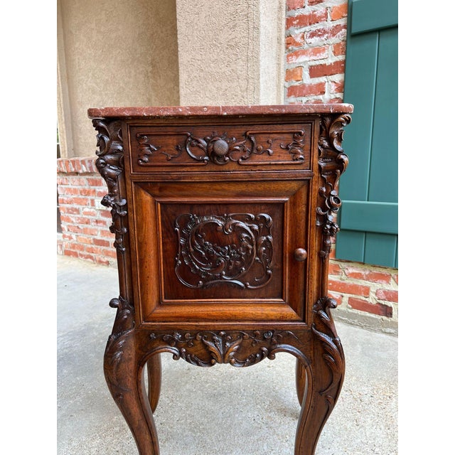 Antique French Nightstand Cabinet Marble Top Louis XV Carved Walnut C1890 For Sale - Image 14 of 18