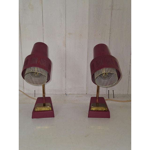 Mid-Century Bedside Lamps in Red Lacquered Metal with Brass Accents, 1960s, Set of 2, in Very Good conditions. Designed...