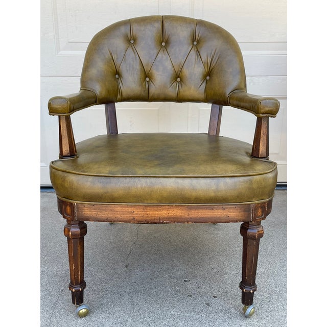 Campaign Set of Four Vintage Lewittes Tufted Sage Vinyl Club/Conference Chairs With Brass Casters For Sale - Image 3 of 17