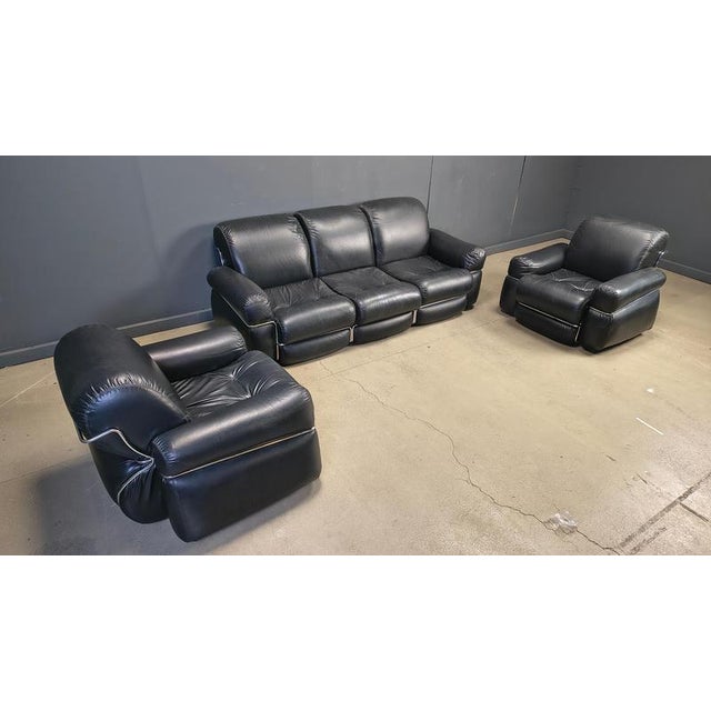 Vintage simili leather sofa set in the manner of Adriano Piazzesi. Chrome frames with thick and very comfy cushions to...