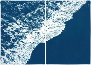2020 "Deep Blue Sandy Shore" Contemporary Cyanotype on Watercolor Paper of White and Blue Seascape by Kind of Cyan - Set of 2