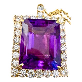 58 Ct Emerald Cut Amethyst & 7 Ct Diamond Pendant Necklace 14KY Gold + Chain For Sale