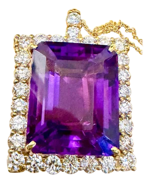 58 Ct Emerald Cut Amethyst & 7 Ct Diamond Pendant Necklace 14KY Gold + Chain