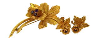 Amethyst Lilly Flower 14k Yellow Gold Brooch & Screw Earrings Set - 3 Pieces