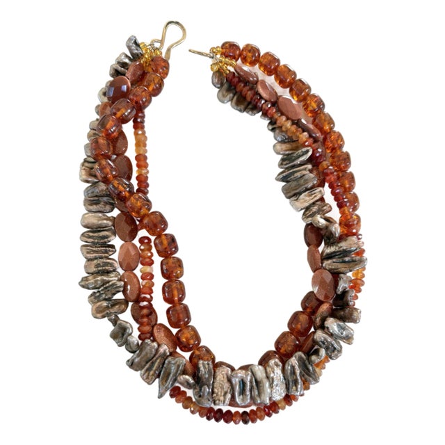 Vintage Multi-Strand Freshwater Pearls, Carnelian Amber, and Gold Tone Beaded Necklace For Sale