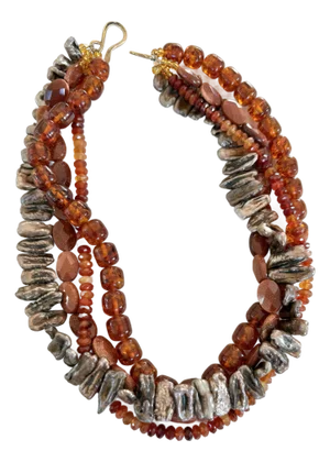 Vintage Multi-Strand Freshwater Pearls, Carnelian Amber, and Gold Tone Beaded Necklace