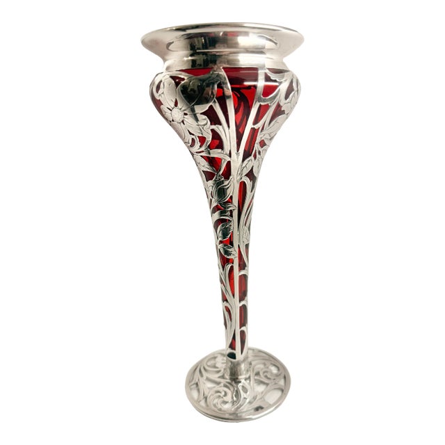 Sterling Silver and Red Glass Inlayed Art Nouveau Trumpet Vase For Sale