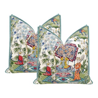 Brunschwig & Fils Lodi Garden in Ivory with Spa Blue Butterfly Flange 22" Pillows - a Pair For Sale