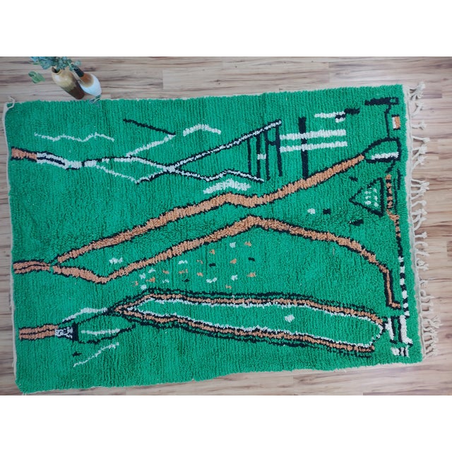 Emerald Handmade Moroccan Beni Ourain Rug, Emerald Green Abstract, 9'7" X 6'9" For Sale - Image 8 of 15