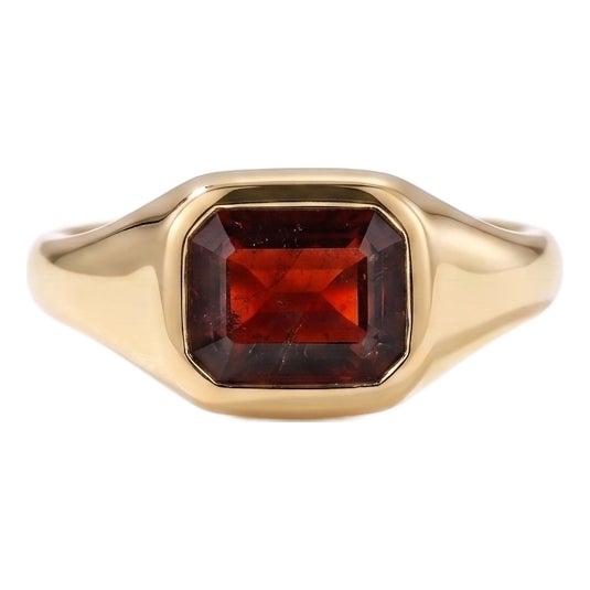 18k Gold Plated Garnet Signet Ring • East West Set Gemstone Ring • Dainty Minimalist Birthstone Ring Us 7 For Sale